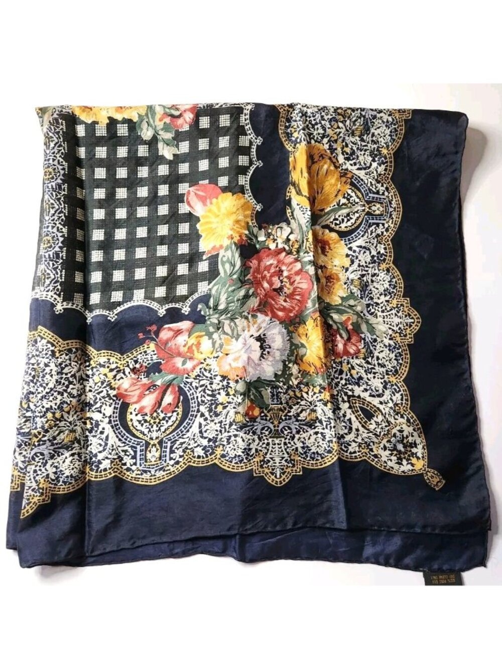 Vtg silk scarf San You Floral Checkered Navy Multicolor Square cottagecore fairy